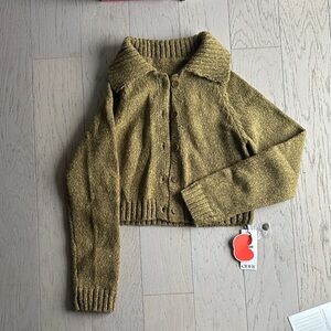 [NEW] COLLAR SOLID BUTTON KNITTED MUSTARD GREEN CROPPED CARDIGAN